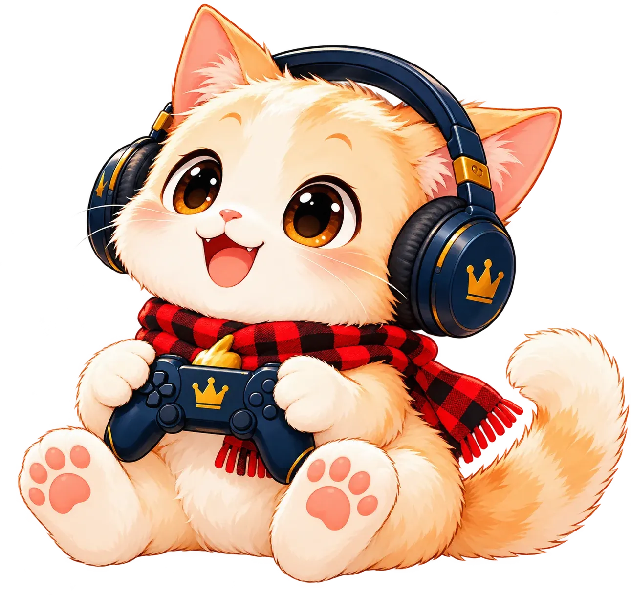 Cheerful cat wearing headphones and holding a game controller