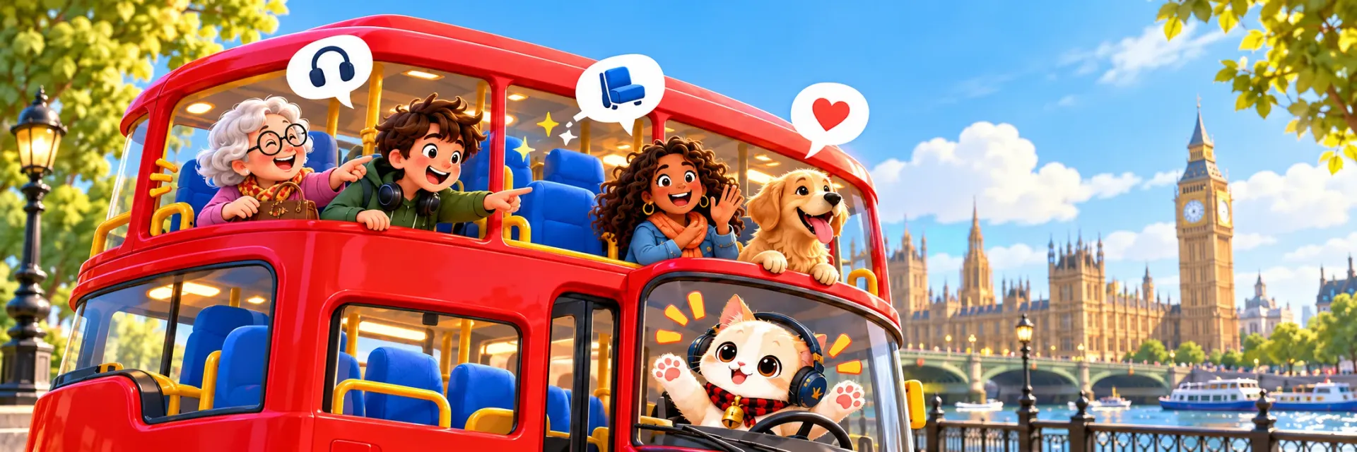 A cheerful red London bus carrying friends, with the headphone kitten at the wheel